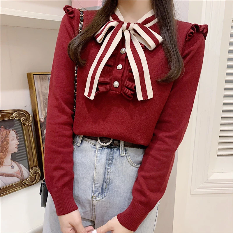 В винтажном стиле С бантом в Корейском свитер для женщин осень-зима с длинным