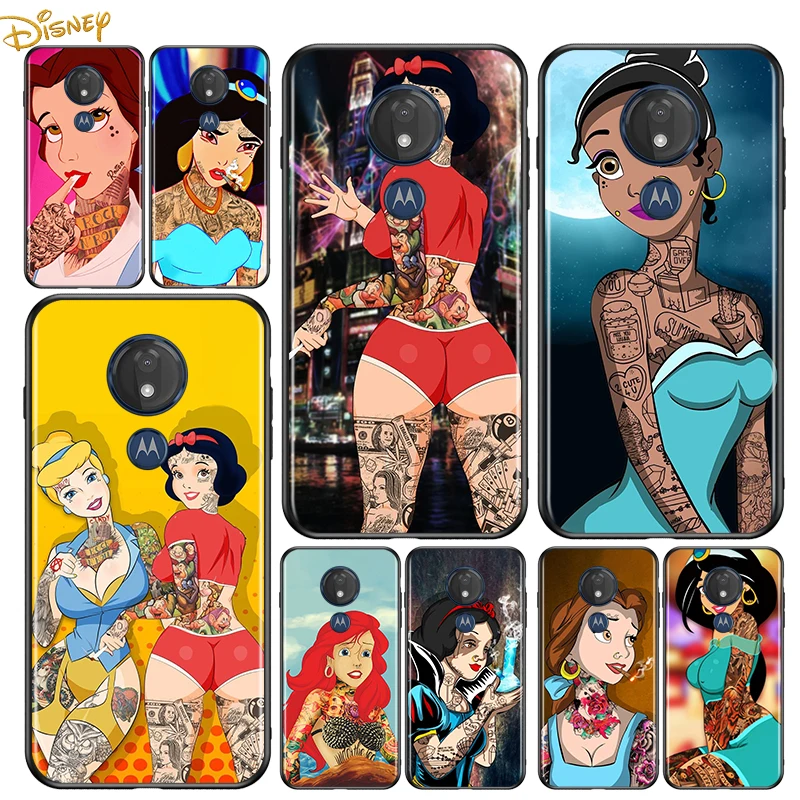 

Disney tattoo princess for Motorola G9 G8 G E7 E6 One Play Marco Hyper Fusion Stylus Power Edge Plus Soft Black Phone Case