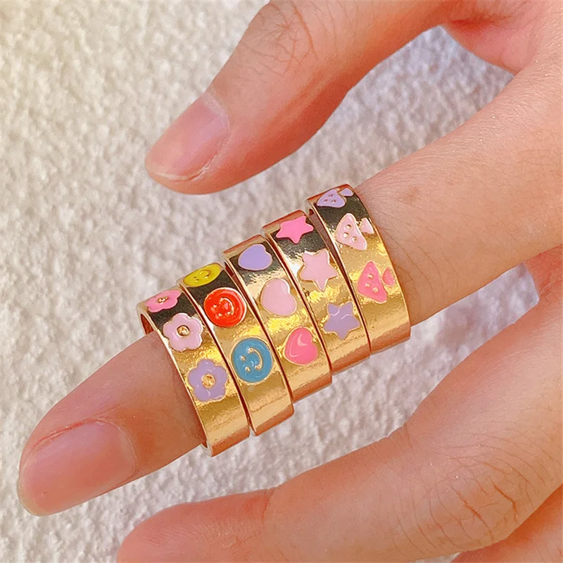 

Korean Enamel Rings For Women Alien Star Mushroom Ring Colorful Cute Finger Rings Vintage Female Jewelry Bague