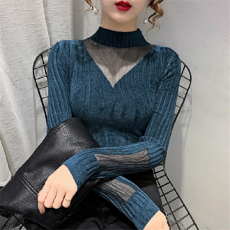 

Chic Turtleneck Sweaters Female Pullover 2021Autumn Winter Lace Splicing Women's Knitted Sweaters Long Sleeve Bottoming Shirt