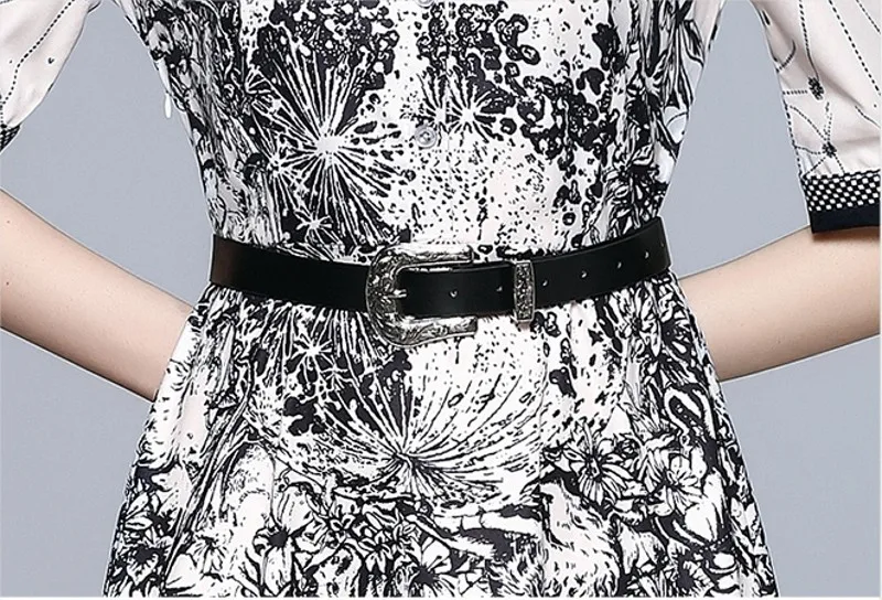 

2021 Summer Runway Vintage Short Sleeve turn down collar Dress Women Fashion Positioning Print Elegant casual Dress With Belt