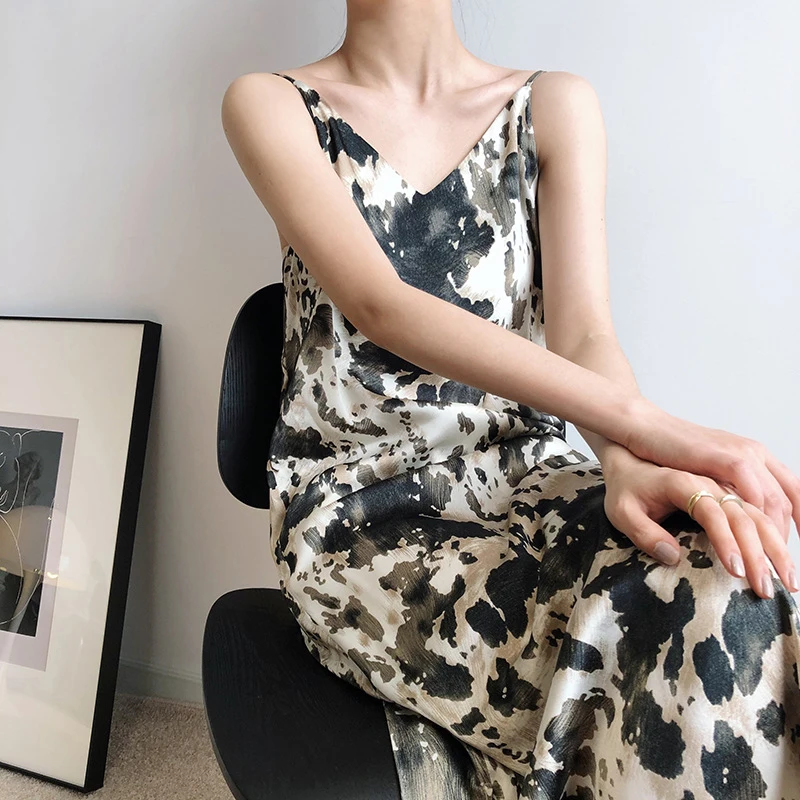

Korean Ink -Printing Strap Dress Summer Women Mid-length V-neck sleeveless Chiffon Dress Elegant Office Ladies Dresses Vestidos