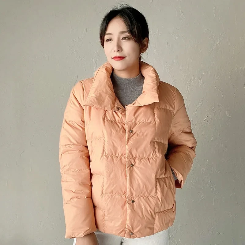 

Женский пуховик с воротником-стойкой, легкая теплая парка на белом утином пуху, короткая зимняя повседневная пуховая куртка, Осень-зима 2021