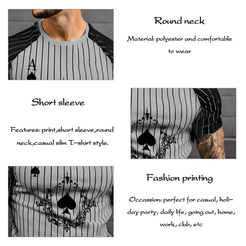 

T Shirt for Men Stripped Tshirt Summer Men Clothing Streetwear Round Neck Shirt Fashion Poker Print Short Sleeve T-shirts Tops