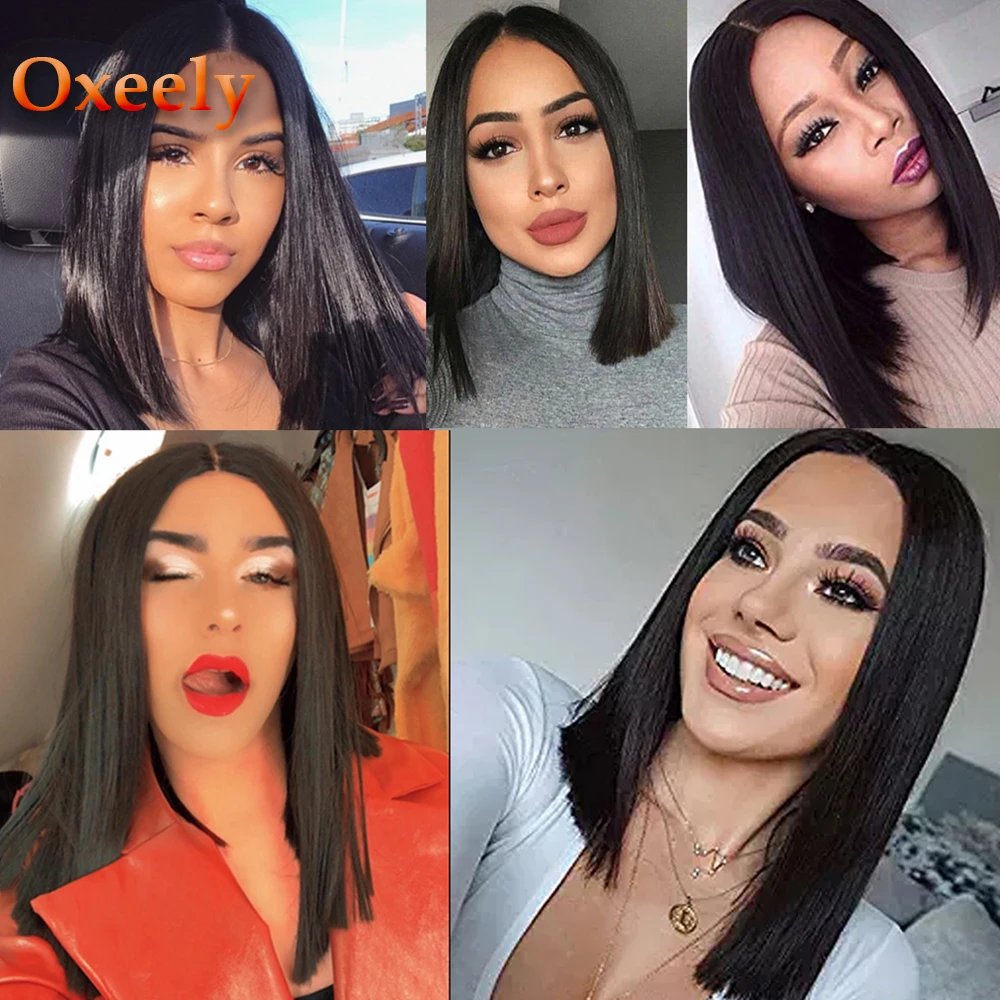 Oxeely черный короткий прямой парик Боб синтетические кружевные передние парики