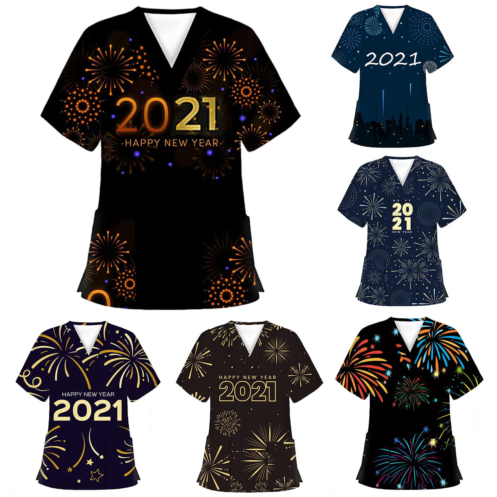 

Women's top 2021 new nurse uniform top New Year short-sleeved V-neck top firework print nursing top D*