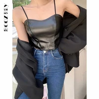 y2k pu leather camis tops girls vintage street camisole elastic bottoming tank top womens tops with chest pad sexy crop top