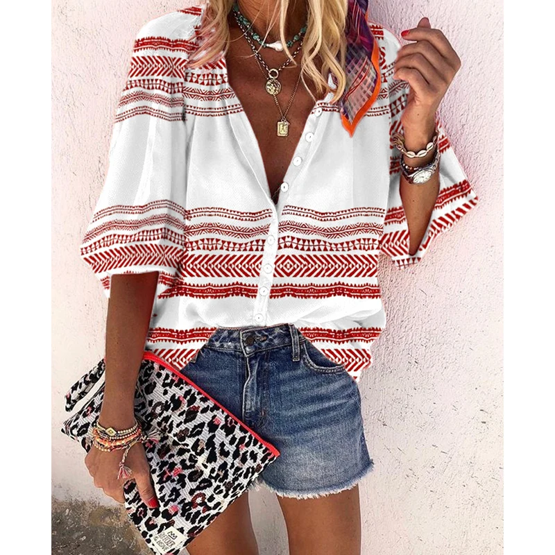 

Women Fashion V Neck Female Short Sleeve Shirts Chic Blusas Tops Summer Sexy Single-Breasted Ethnic Striped Printed Casual Loose