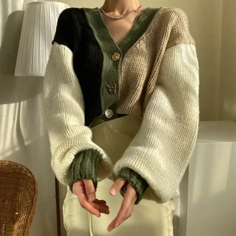 

Женский трикотажный однобортный Кардиган, повседневный свободный свитер контрастных цветов с рукавами-фонариками и V-образным вырезом, осе...