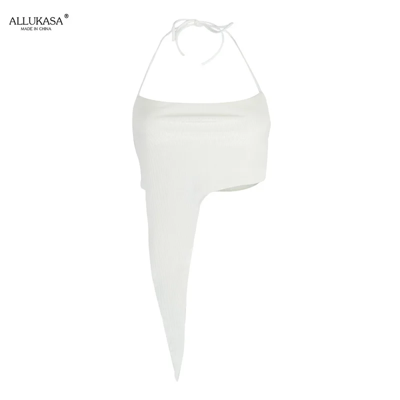 

Allukasa Women's White Halter Top Irregular Hem Girlfriend Girl Sexy Sleeveless Hot Suspenders Women's Summer 2021 Crop Tops