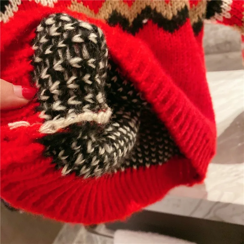 

Korean parent-child wear fashionable retro girl Christmas and New Year contrast color warm pullover sweater