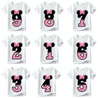 Футболка для девочек Минни Маус, стильная рубашка с принтом в виде цифр на день рождения, повседневные летние костюмы для детей, подростков