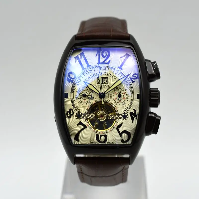 CASENO бренд Роскошный кожаный ремешок tourbillon Мужские механические часы дропшиппинг день Дата Скелет Мужские часы с автоматическим подзаводом подарки