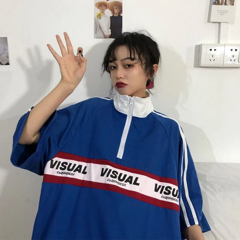 half-sleeve harajuku bf style women tops 2020 new spring t shirt letter printing zipper Turtleneck clothes student polo | Женская одежда