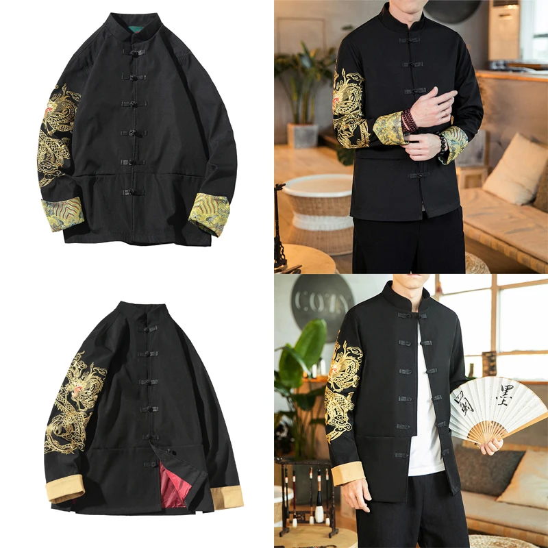 

2021 New Chinese Hanfu Tang Suit Long Sleeve Golden Dragon Embroidery Two Style Cuffs Fashion Vintage Vintage Top Kung Fu Jacket