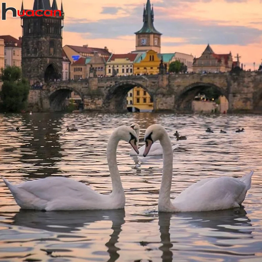 

Алмазная живопись Huacan, пейзаж лебедей, озер, полная вышивка, квадратные/круглые, мозаика с изображением животных, города, домашний декор
