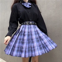 romantic athanasy longshort sleeve stundent lady girls high waist plaid pleated skirts jk school uniform anime clothes black