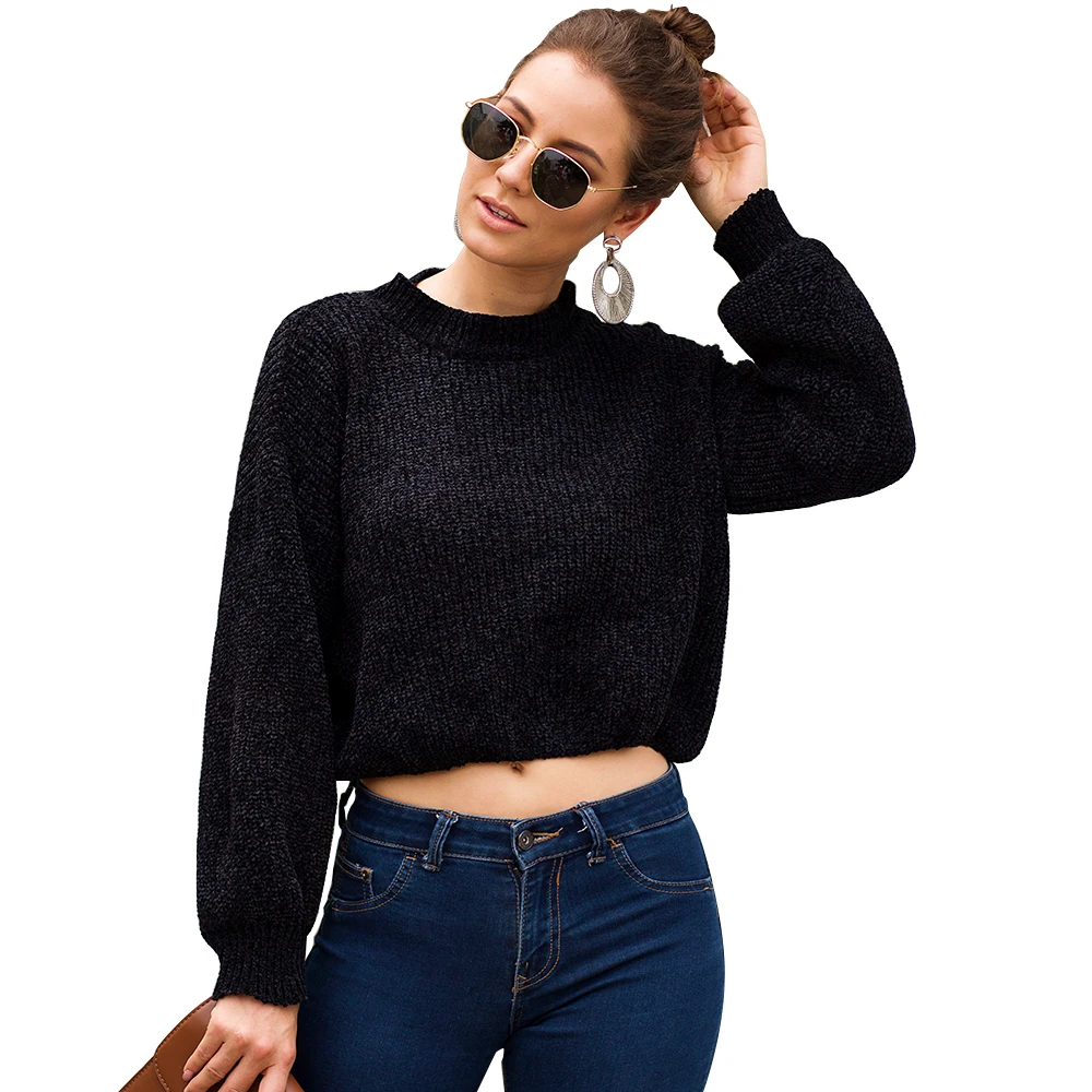 2019 осенне-зимняя уличная мода Женские однотонные укороченные свитер Для женщин