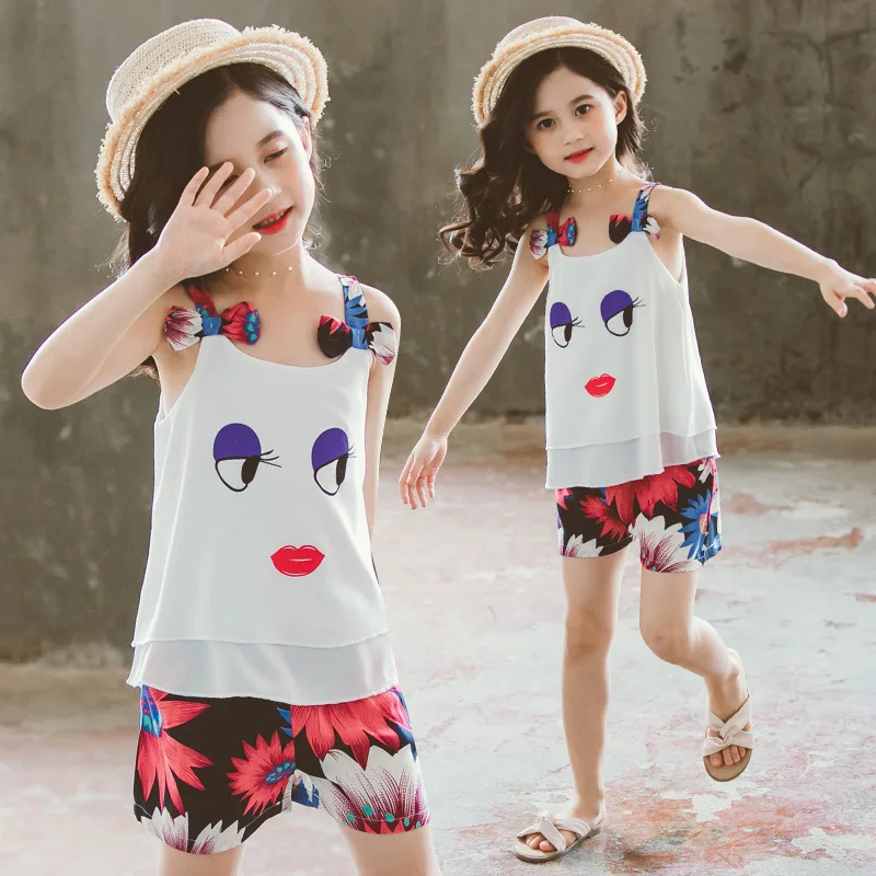 2021 Summer Girls Clothes Set Fashion Children Chiffon Sling Vest+Pants Kids Outfits Teen Girl Clothing Sets 4 6 8 10 12 Years