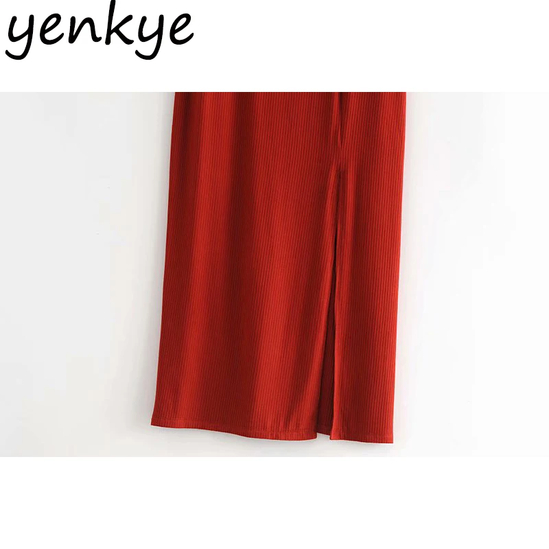 

Vintage Screw Thread Knit Dress Women Sleeveless Square Neck Midi Hem Slits Pencil Sexy Dress Fashion Night Out Party Dresses