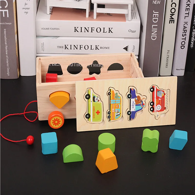 

New Children Early Education Wooden Geometric Shape Holes Paired Trailer Building Blocks Toy Kids Color Cognition Education Toy