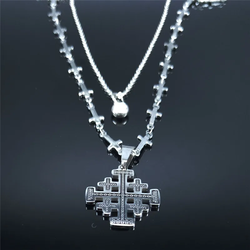 

2021 Jerusalem Cross Stainless Steel Layered Necklace Men/Women Silver Color Statement Necklace Jewelry colier femme N1998S02