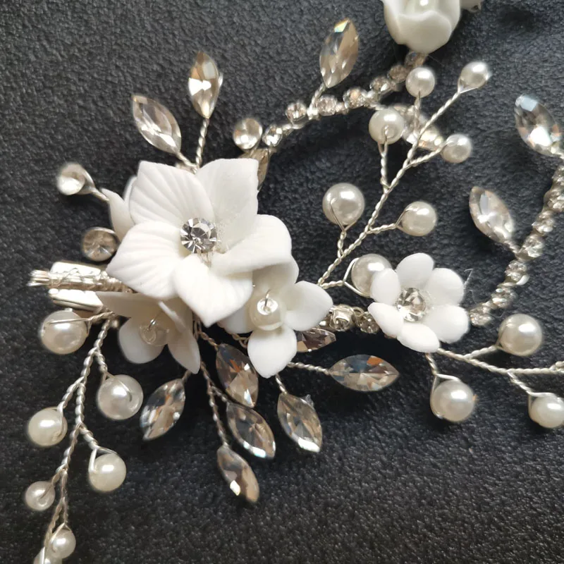 SLBRIDAL Wired Crystal Rhinestone Wedding Ceramic Flower Hair Clip Barrettes Bridal Headdress Accessories Women Jewelry | Украшения и