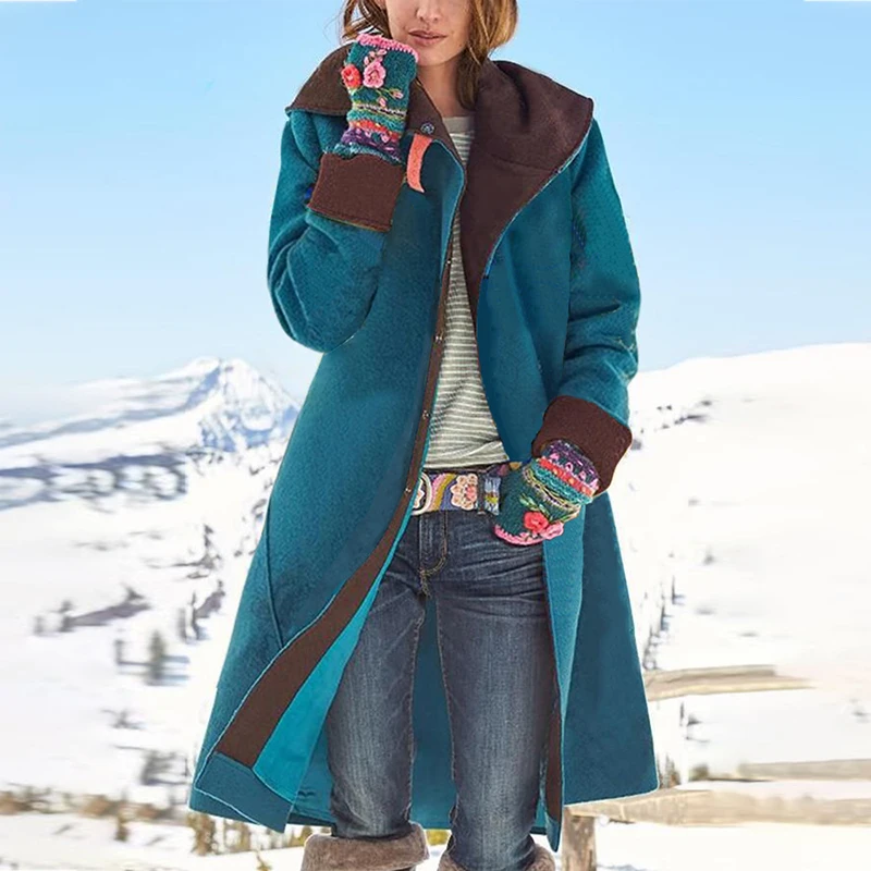 Женское длинное пальто на пуговицах повседневное шерстяное с отложным