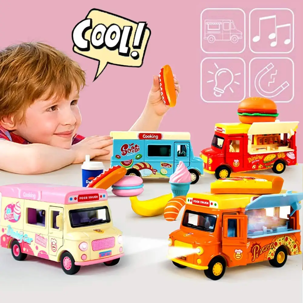 Pull Back Car Food Truck Vehicle Toy Car with Music, Light, Openable Doors, Awning, Ice Cream Toy Cart - Alloy Toy Trucks image 3