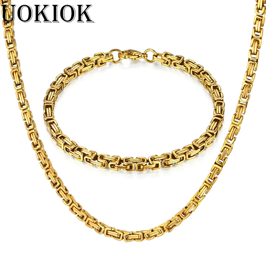 

Punk Hip hop Byzantine Link Gold Chain Rapper Men Necklaces Bracelets Street Fashion Popular Stainless steel Long Chain Jewelry