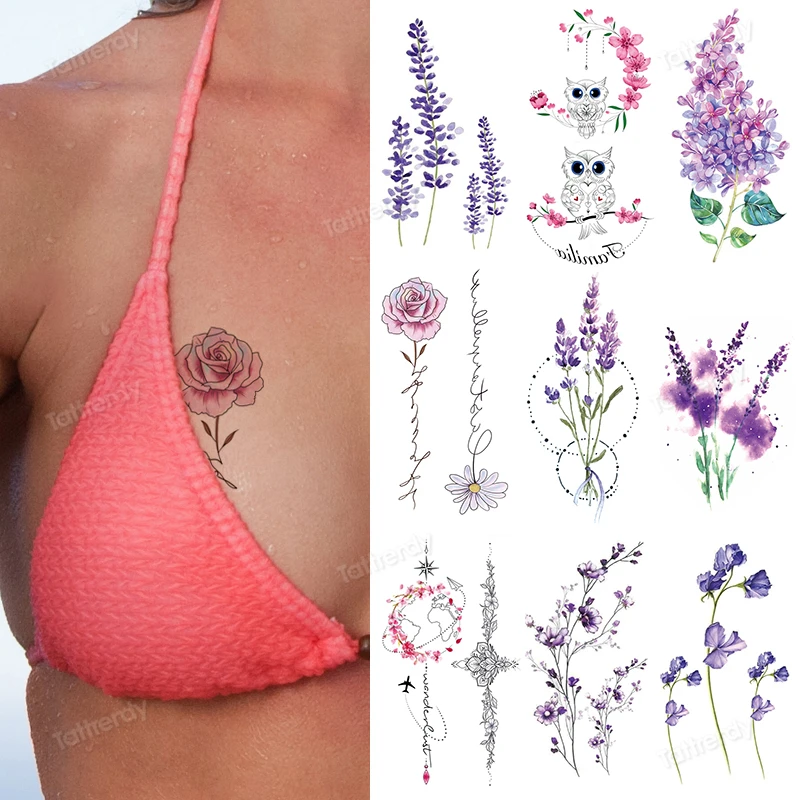 

Purple Lavender Daisy Rose Temporary Tattoo Stickers Women Sexy Body Art Fake Tatto Small Water Color Transfer Tatoo Girls Kids