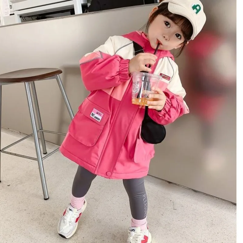 

Autumn Jacket For Girls Children's Clothing Pink Sweet Baby Girl Korean Windbreaker Hooded Casual Jacket For 3-7 Years Kids