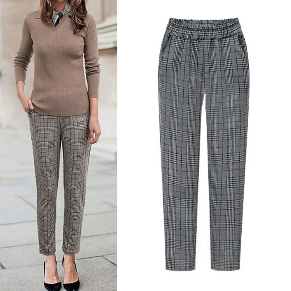Женские зимние клетчатые штаны с эластичной талией размера плюс повседневные