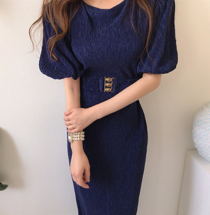 

Women Summer Office Lady Solid Dress Women Puff Sleeve Midi Slim Elegant Female Dress