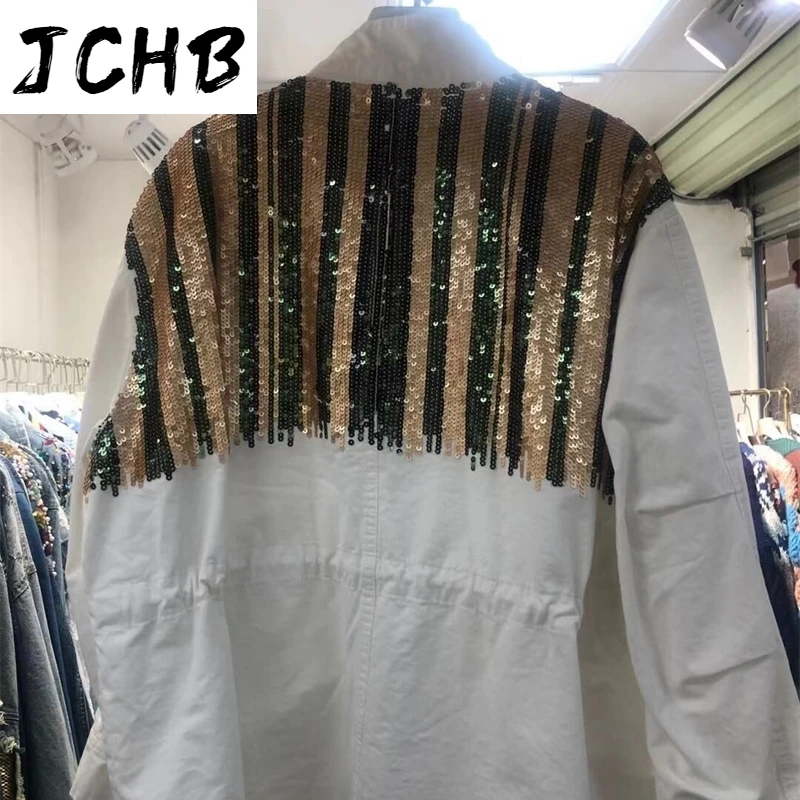 

JCHB New Autumn And Winter Fashion Casual Long Sleeve Embroidery Single Breasted Sequin Loose Patchwork Women Coat SG549