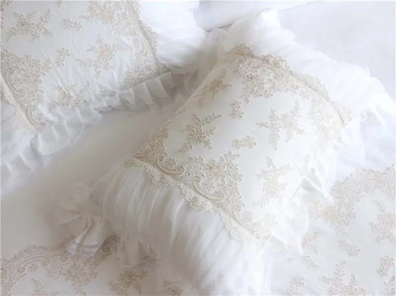 

White Beige Cotton Lace Princess Bedding sets Girls King Queen size 4Pcs Bed sheet set Duvet cover linen set pillow covers