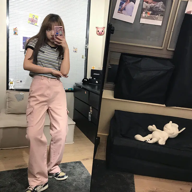 

Harajuku 2021 Women Solid Pockets Pants Women Pink Cargo High Waist Wide Pants Straight Palazzo Pants Fashion All-Match Trousers