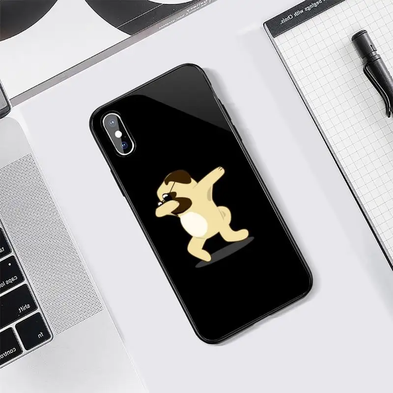 

Cute Cartoon Pug Animal Yoga Phone Case Tempered glass For iphone 5C 6 6S 7 8 plus X XS XR 11 PRO MAX
