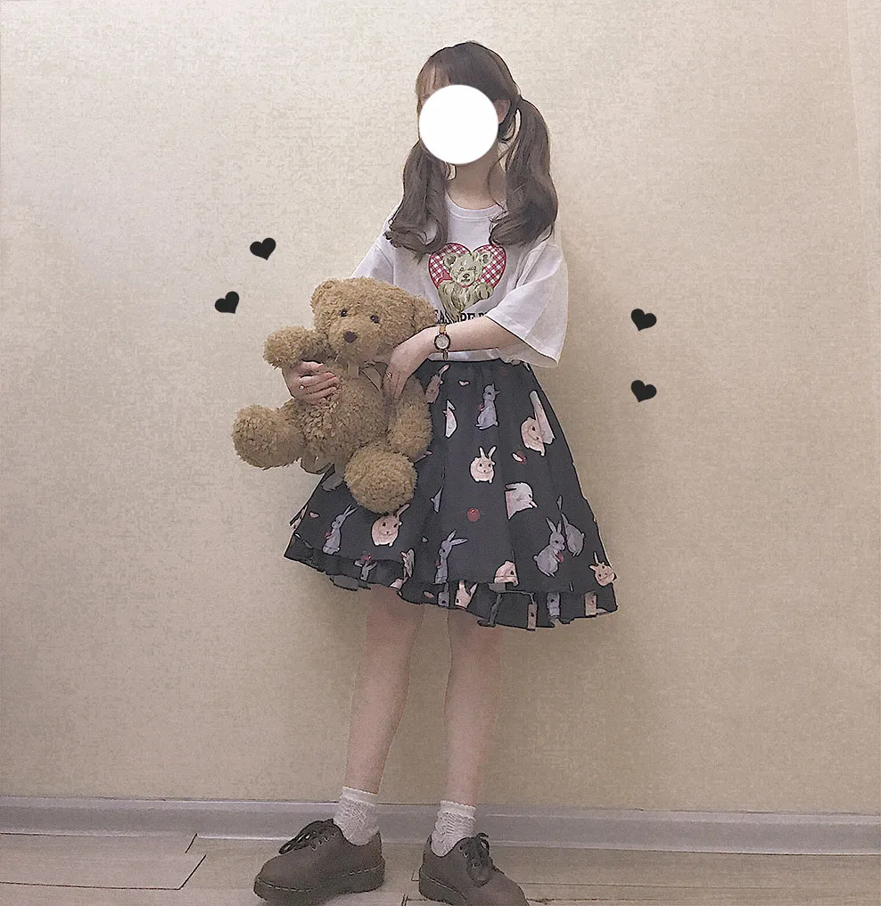 Black skirt Японская Милая юбка-пачка с кроликом для девочек, Harajuku, мягкие мини-юбки в стиле Лолиты с завышенной талией, милая красная юбка с оборками и кроликом, Черная - Цвет: Black skirt