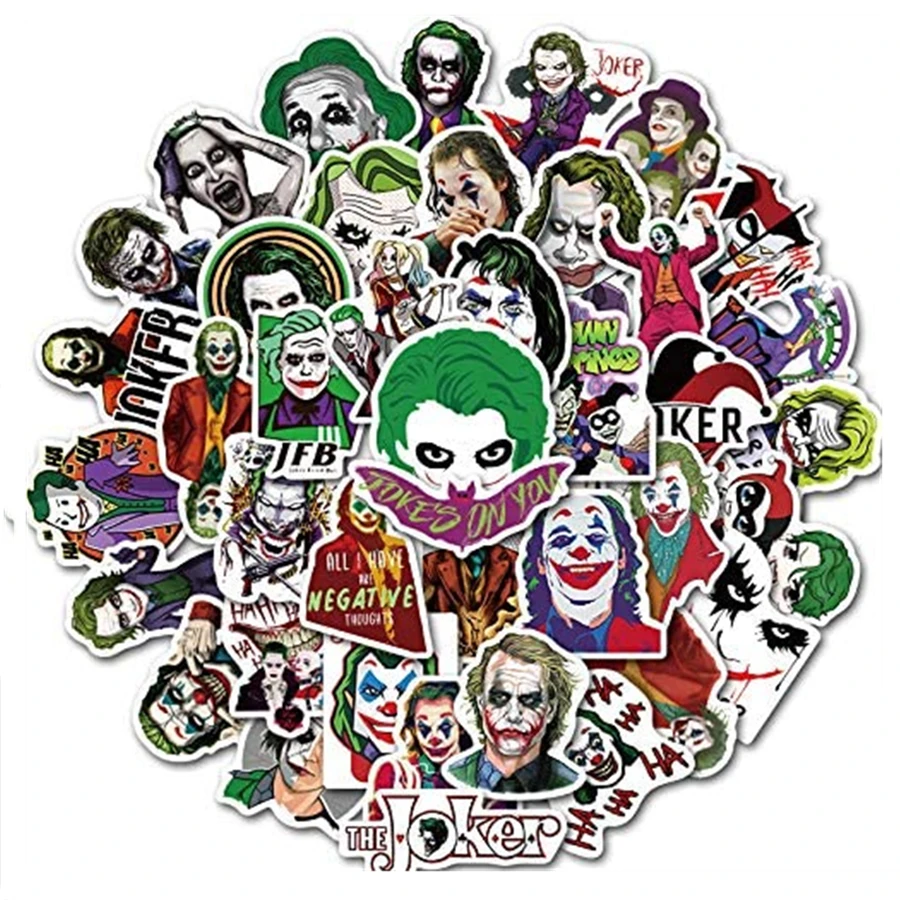 

50 PCS Joker Stickers Vinyl Waterproof Anime Moive Clown Sticker for Laptop Hydro Flask Phone Car Skateboard Luggage Computers