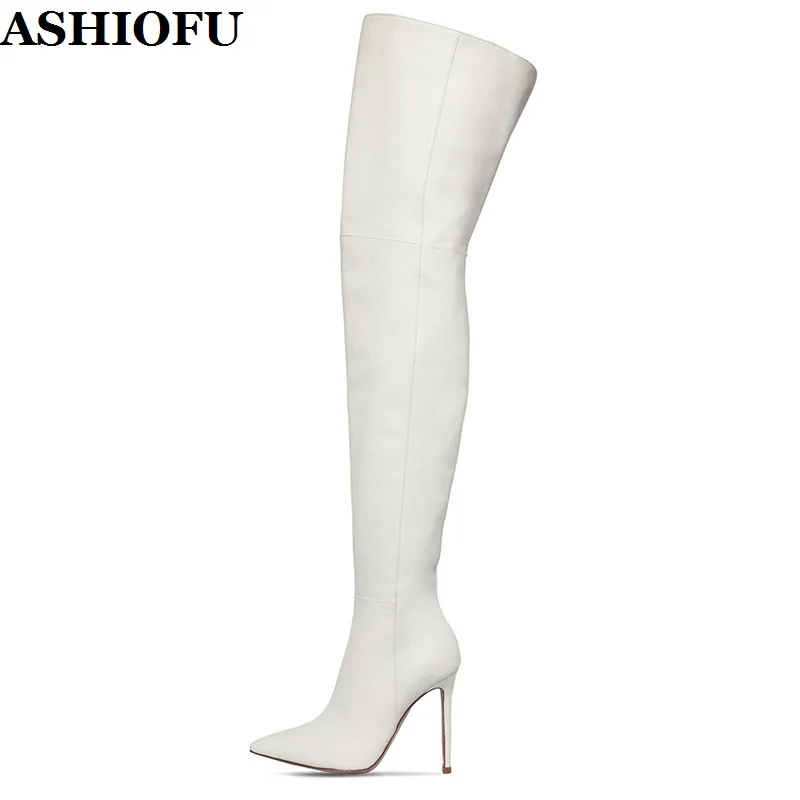 

ASHIOFU Handmade New Style Ladies Over Knee Boots Shinny Faux-leather Party Club Thigh High Boots Winter Evening Fashion Boots