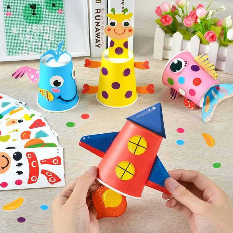 

12Pcs Children 3D Diy Handmade Paper Cups Sticker Material Kit Whole Set Kids Kindergarten School Art Craft Educational Toys
