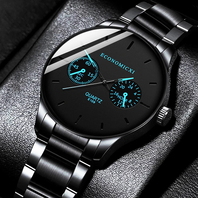 

reloj hombre 2021 Luxury Mens Fashion Blue Pointer Quartz Watch Men Business Casual Black Stainless Steel Watches montre homme