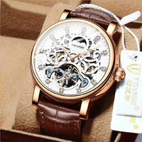 tevise mens watch leather mechanical wristwatch automatic movement sport watches skeleton tourbillon moon phase reloj hombre