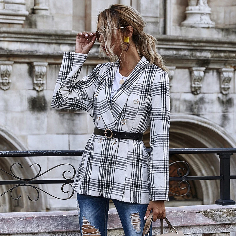 

Plaid Blazers Women Autumn Notched Long Sleeve Double Breasted Slim Suits Jacket Coat Without Belt High Street Lady 2021