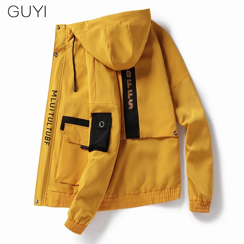 Куртка-бомбер GUYI Мужская черная ветровка с капюшоном и карманами пальто в стиле