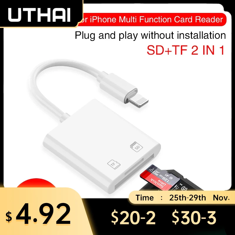 

Устройство чтения карт памяти UTHAI C57 для iPhone, устройство чтения карт SD/TF с поддержкой IOS13 для iPhone 6/7/8/X/XR/XS Max