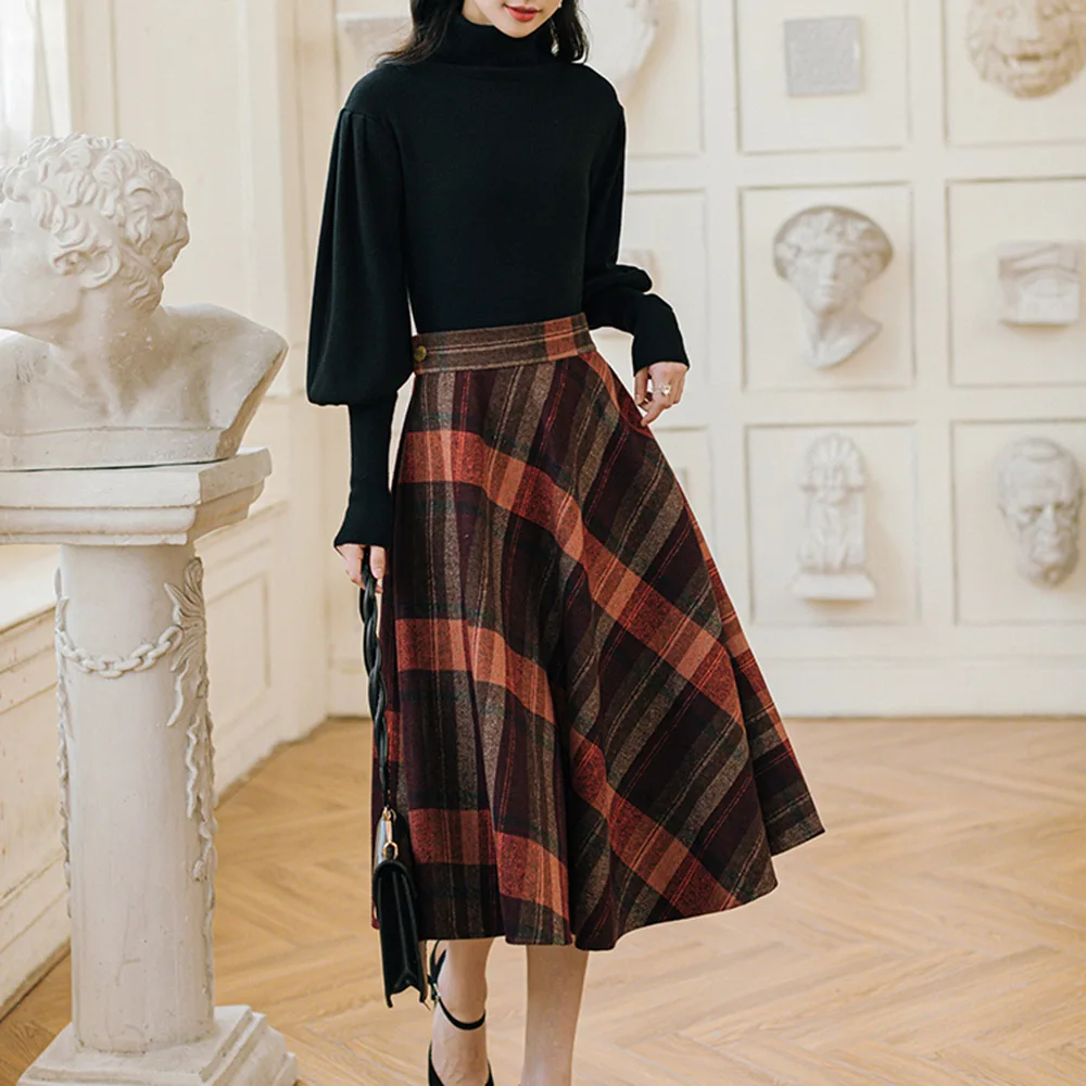 

French Retro Skirt Autumn Winter Fashion Temperament Woolen Cloth Keep Warm Plaid High Waist Swing Half Skirt