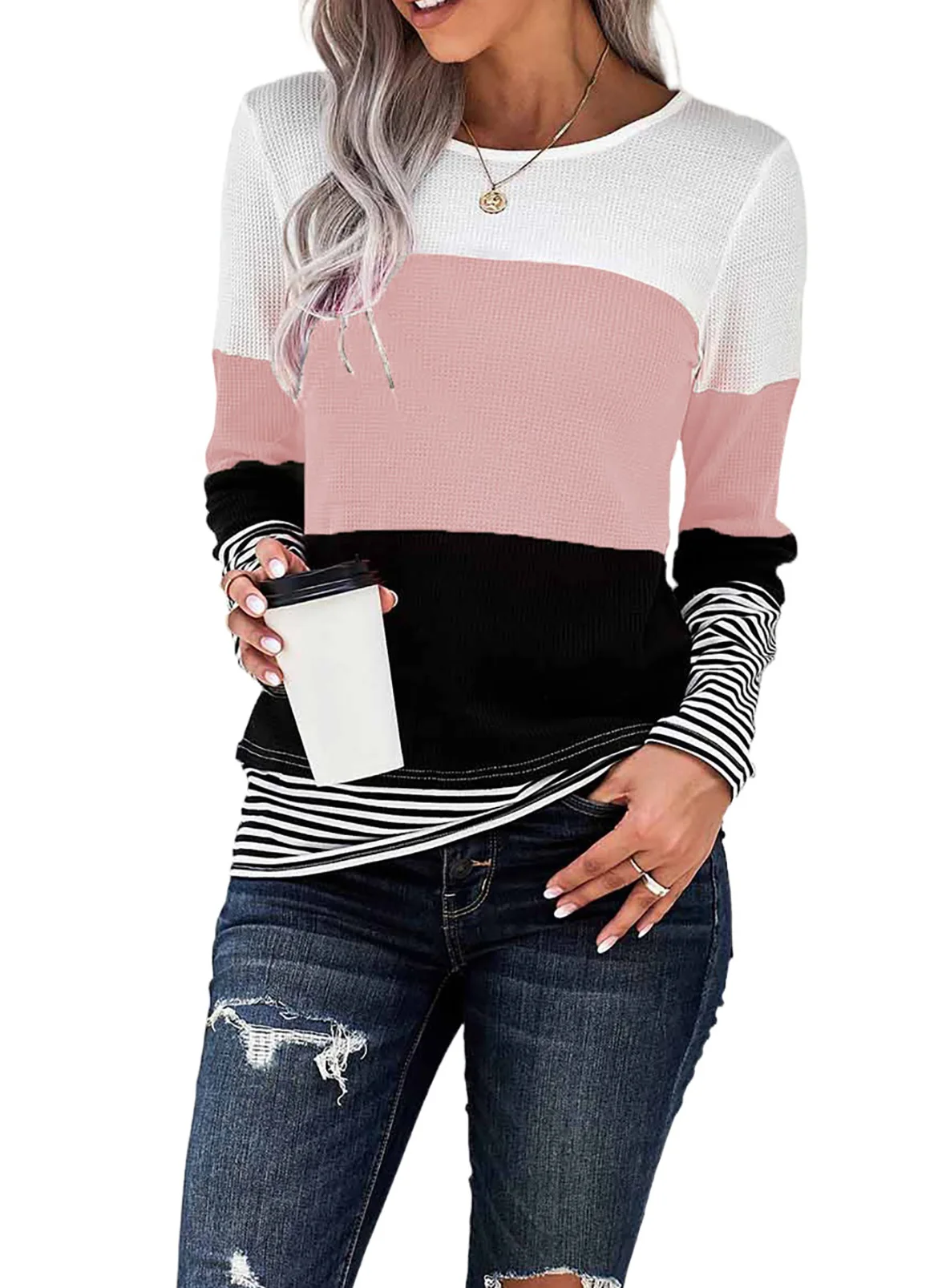

Donsignet Women's Sweater New Fashion Round Neck Pullover Striped Stitching Knitted Long Sleeves Sweater Women's clothing