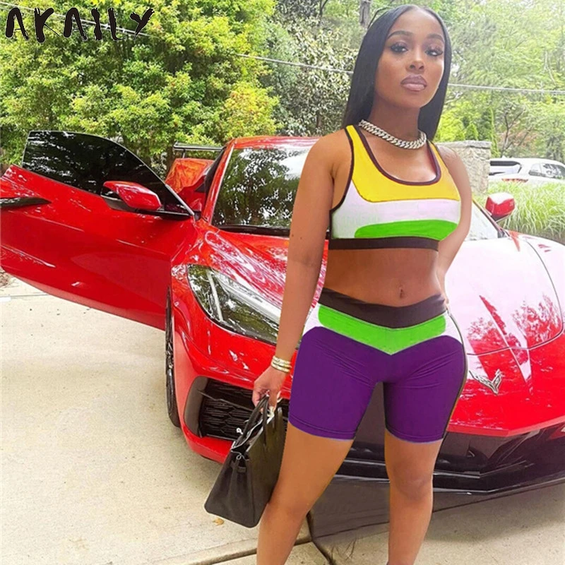 

Akaily Summer Streetwear Patchwork Bodycon 2 Two Piece Sets Women Bike Shorts Sets Female Sleeveless Crop Top Skinny Shorts Sets